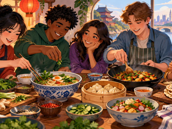 Illustration for “Can a recipe hold two histories at once?”: illustrated shared table with mixed cooking tools and dishes, no specific real restaurant.