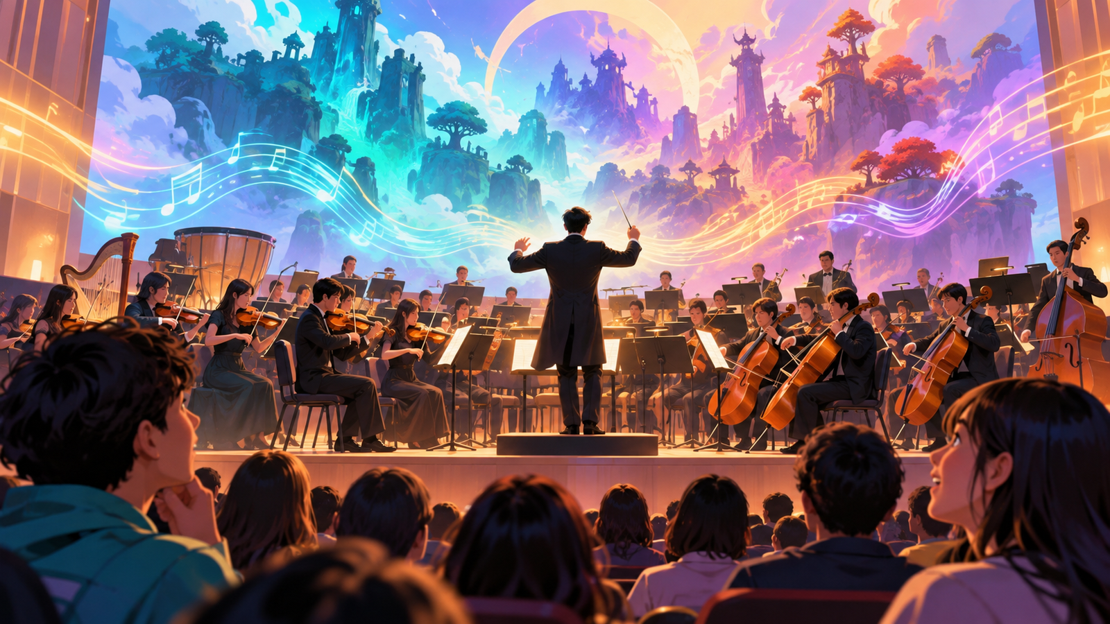 Illustration of an orchestra playing music from a video game