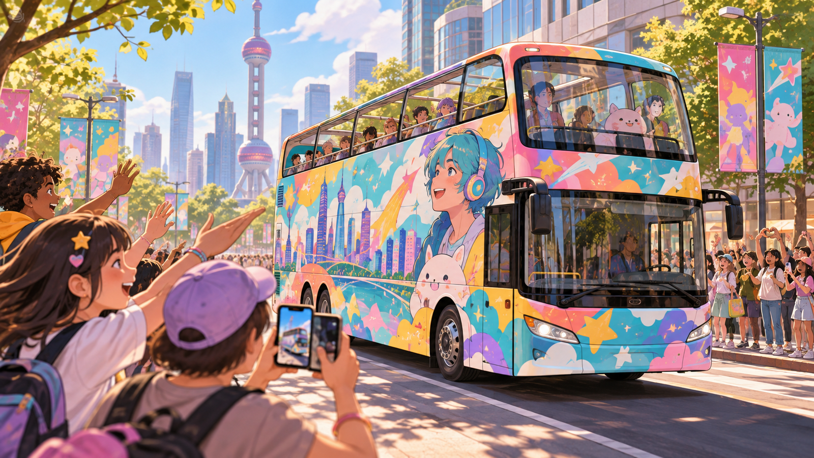 Illustration of a themed sightseeing bus in a city
