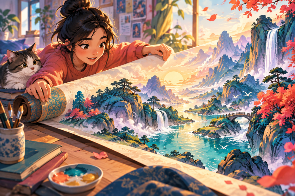 Editorial artwork for “Why unroll a painting slowly?”: hands unrolling an imaginary landscape.