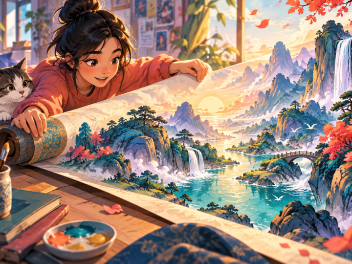 Editorial artwork for “Why unroll a painting slowly?”: hands unrolling an imaginary landscape.