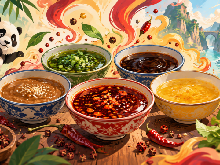 Illustration for “Does Sichuan food have only one setting?”: illustrated five small flavour bowls in warm colours.