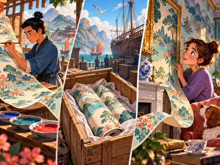 Editorial artwork for “Was Chinese wallpaper made for Chinese walls?”: split scene of painter, shipping crate and British room.