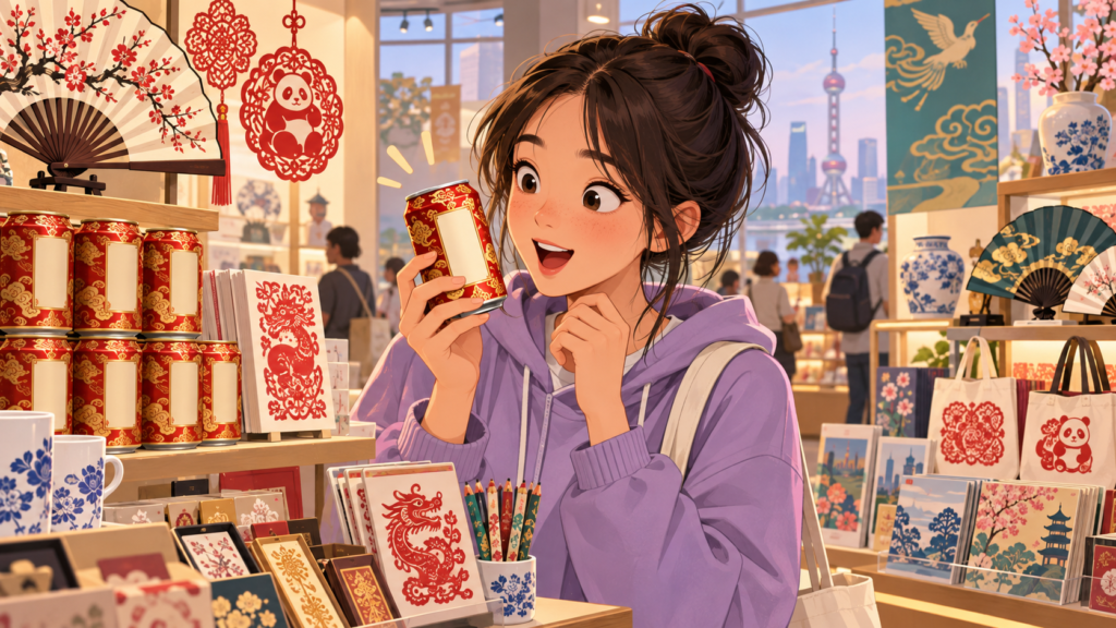 Illustration of a teenager examining a decorative drinks can in a museum shop