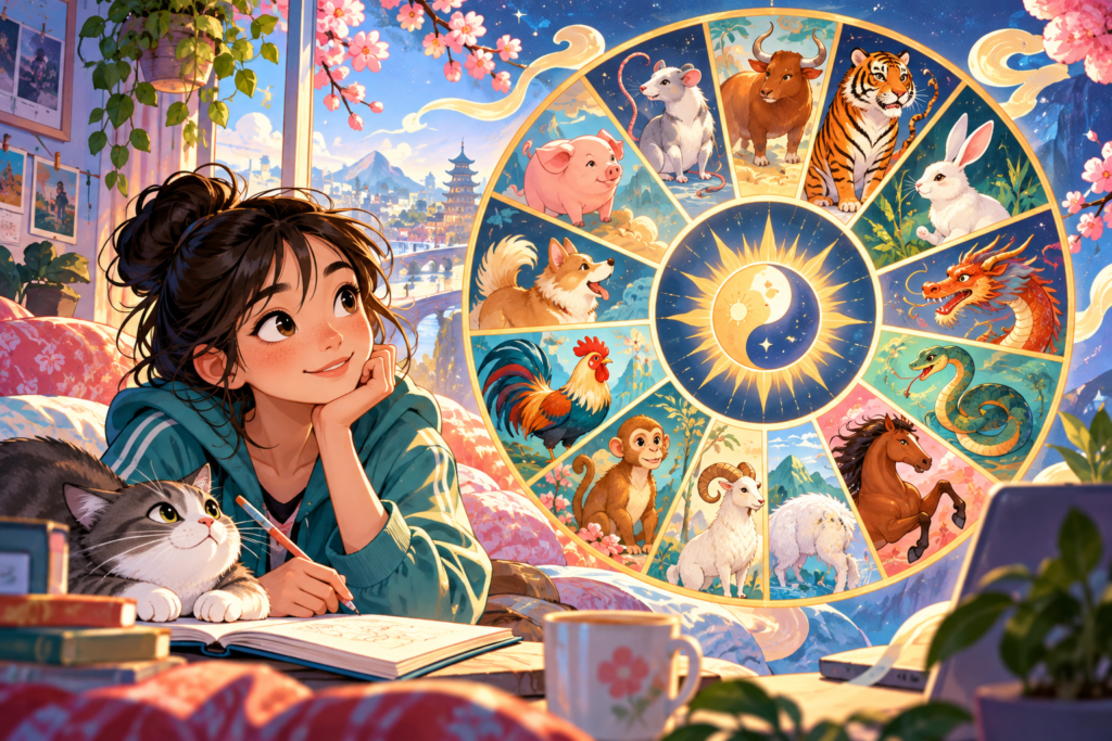 Editorial artwork for “Is your zodiac sign a calendar?”: twelve-animal calendar wheel.