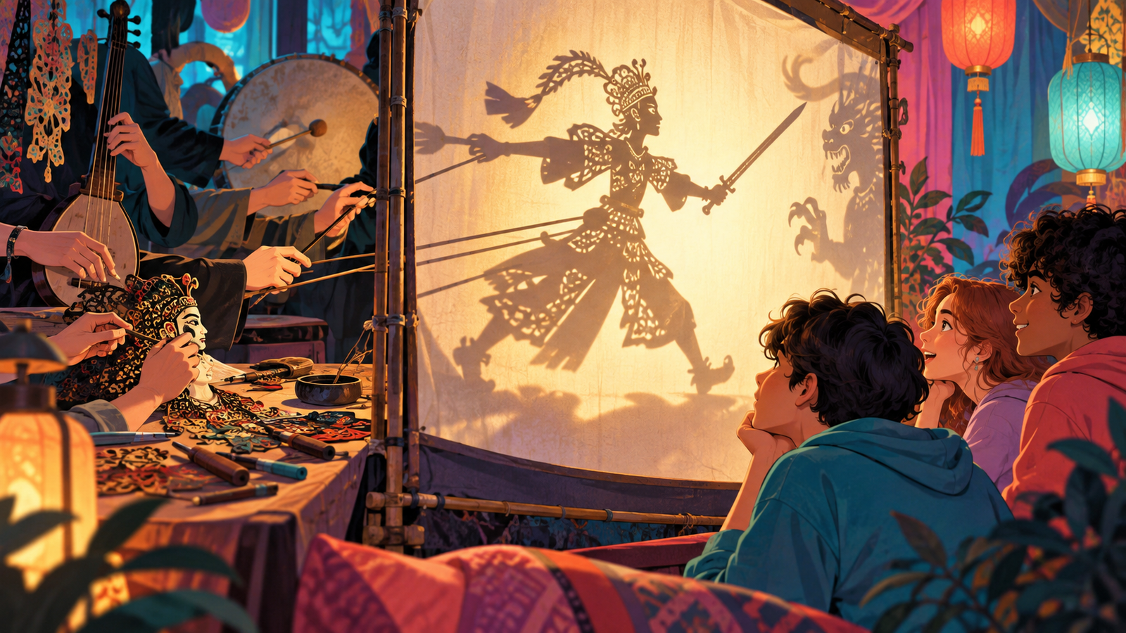 Illustration of performers operating a shadow puppet