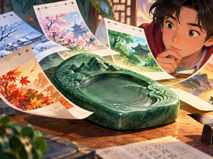 Illustration for “Why does an inkstone carry two dates centuries apart?”: illustrated green stone inkstone with layered date cards.