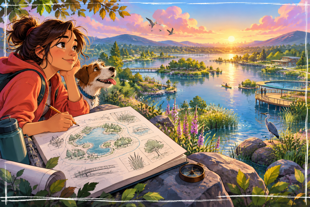 Editorial artwork for “Can a lake be designed?”: lake scene with a visible sketch frame.
