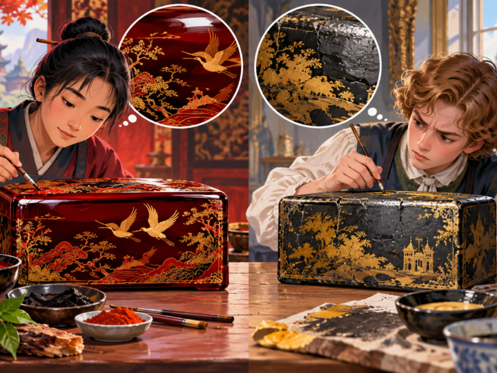 Illustration for “Why did Europeans try to copy lacquer?”: illustrated split screen of an East Asian lacquer surface and a European imitation, clearly labelled as conceptual.