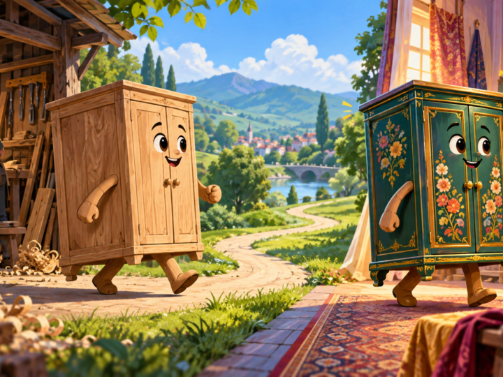 Illustration for “Could a cabinet be sent away to get dressed?”: illustrated wooden cabinet travelling between two workshop silhouettes, no invented shipping scene.