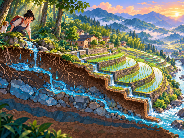 Editorial artwork for “What feeds the rice terraces?”: cross-section showing forest, village, terraces and river, credited as illustration.