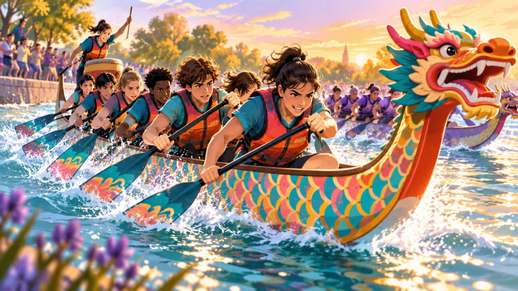 Illustration of a dragon-boat crew paddling together
