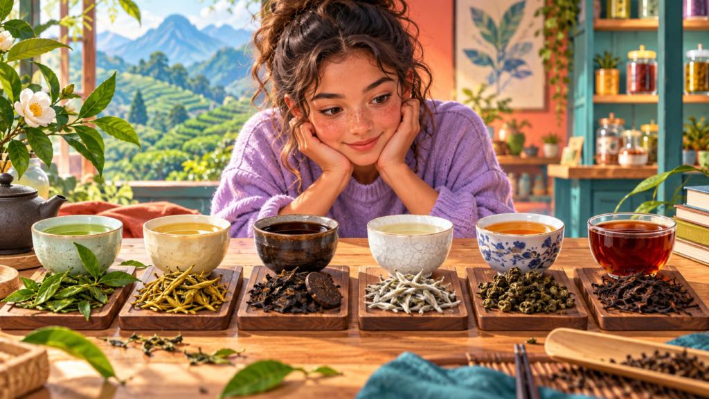 Illustration of several kinds of tea set out for comparison