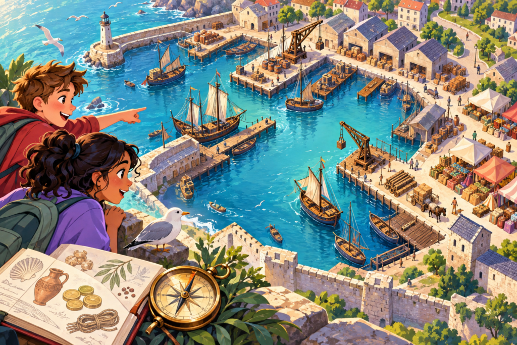 Editorial artwork for “What would you find in an old port?”: illustrated port map clearly labelled schematic.