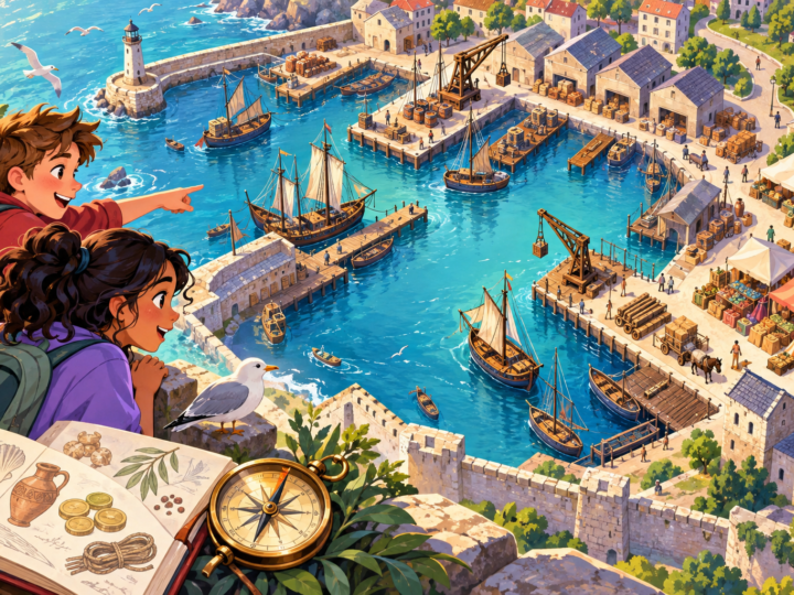 Editorial artwork for “What would you find in an old port?”: illustrated port map clearly labelled schematic.