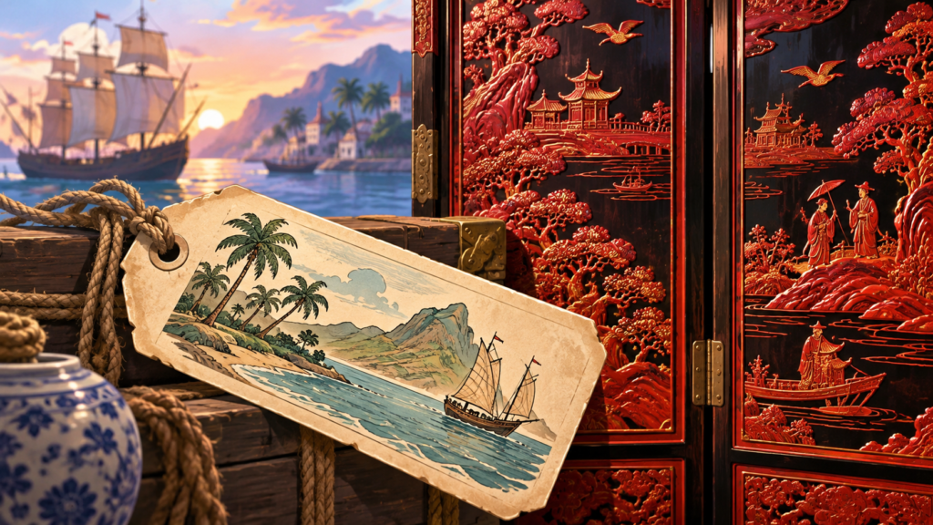 Illustration for “Why was Chinese lacquer called “Coromandel”?”: illustrated shipping label overlapping a carved lacquer screen, no copied historical document.