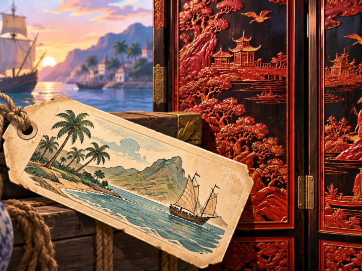 Illustration for “Why was Chinese lacquer called “Coromandel”?”: illustrated shipping label overlapping a carved lacquer screen, no copied historical document.
