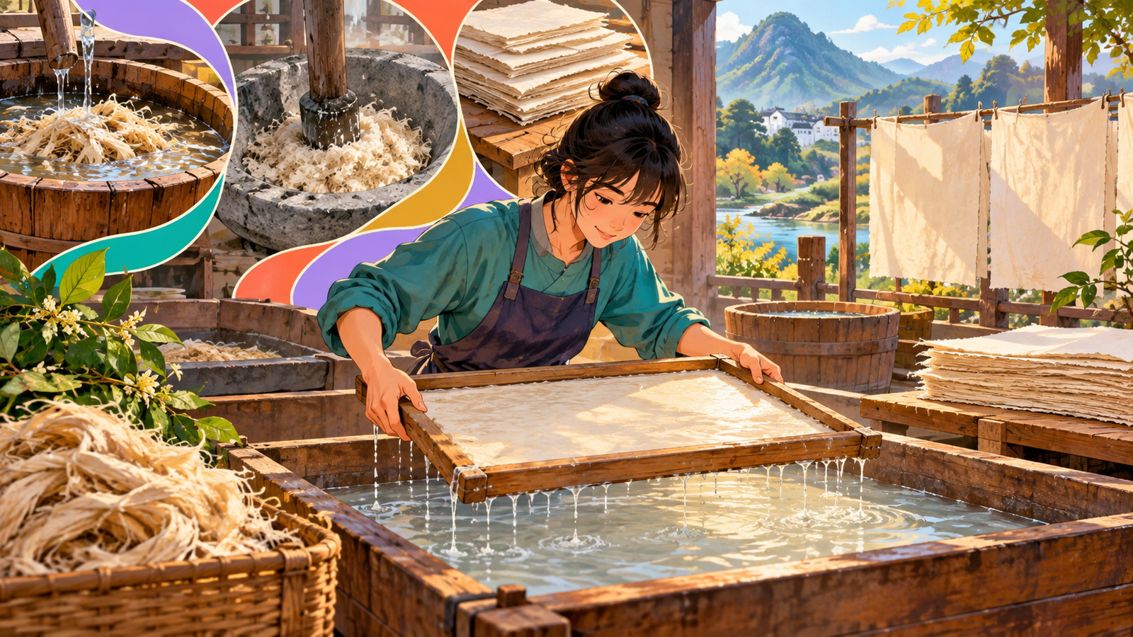Illustration of a craftsperson making sheets of handmade paper