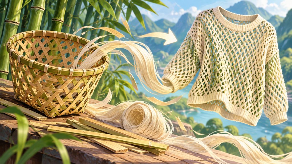 Illustration for “How can a bamboo basket become a sweater?”: illustrated open-weave sweater beside bamboo basket geometry.