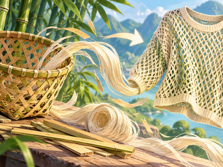 Illustration for “How can a bamboo basket become a sweater?”: illustrated open-weave sweater beside bamboo basket geometry.