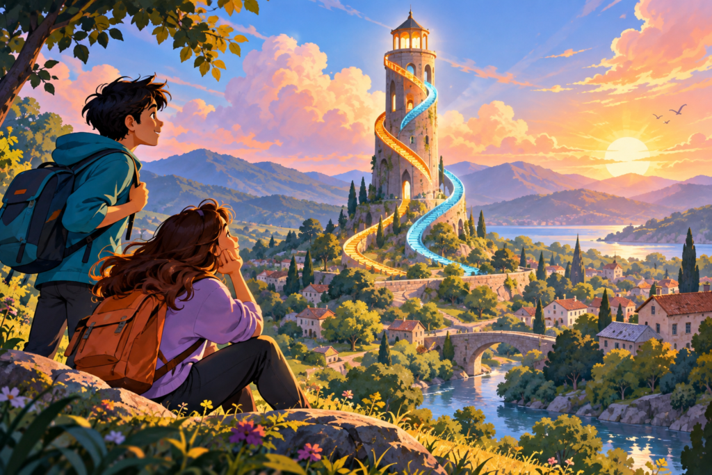 Editorial artwork for “Why build a tower in a village?”: illustrated tower silhouette with two route threads.