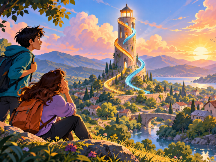 Editorial artwork for “Why build a tower in a village?”: illustrated tower silhouette with two route threads.