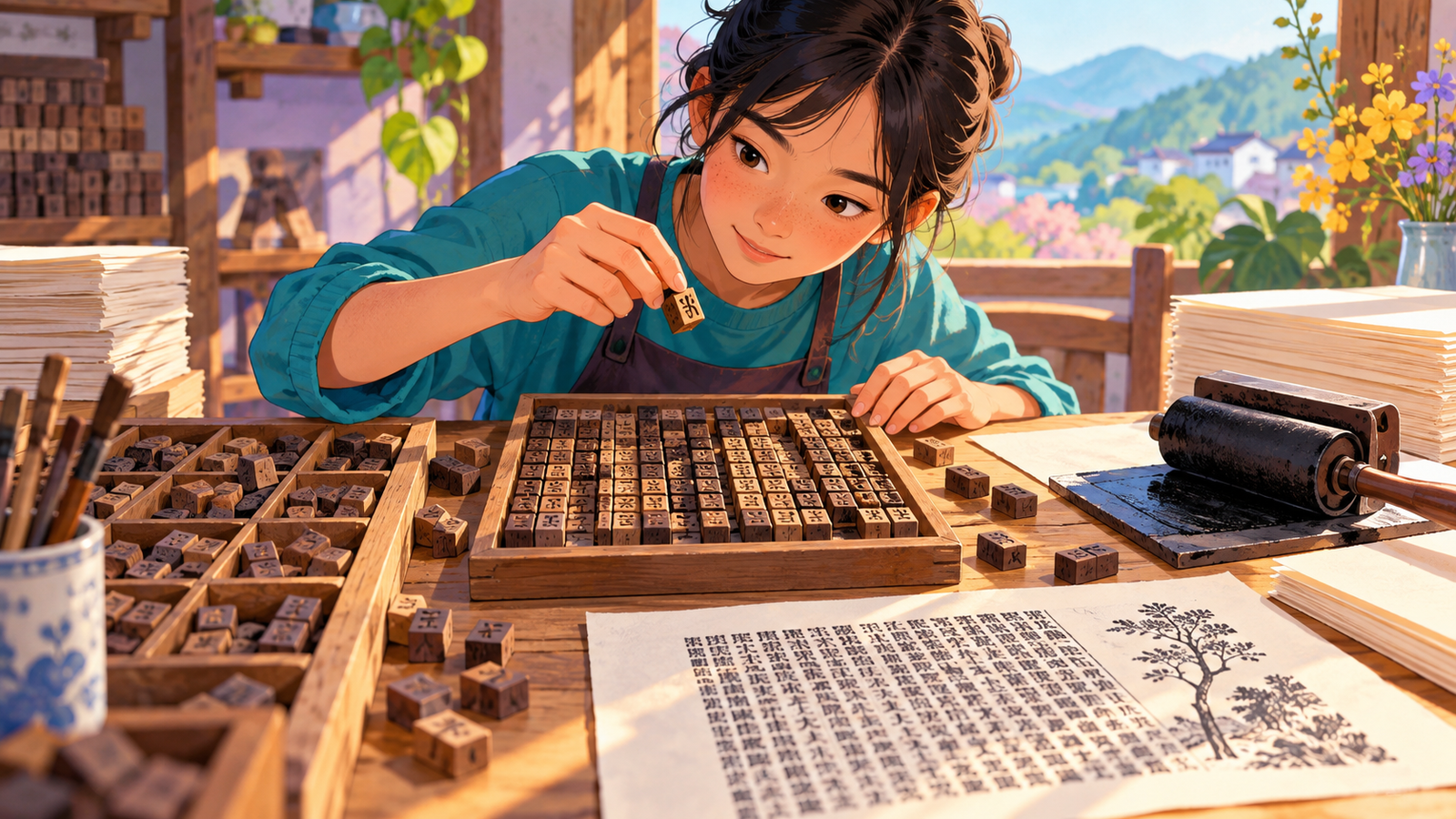 Illustration of wooden movable type arranged for printing