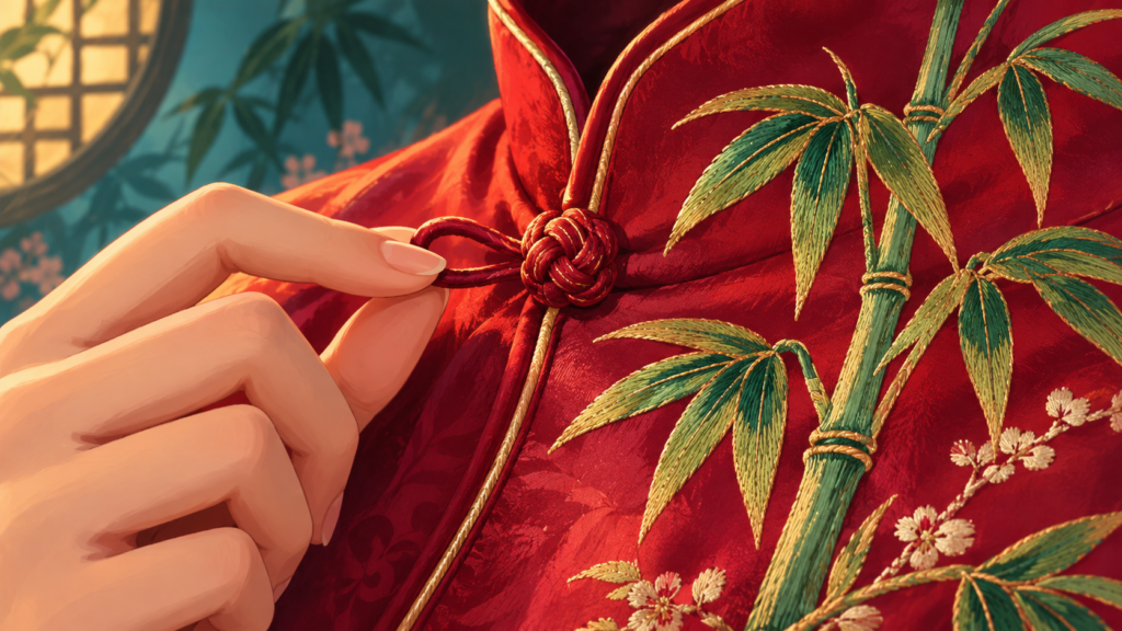 Illustration for “What can a fastening tell you about a dress?”: illustrated close-up of fictional fabric loop and bamboo embroidery, no replica of the actual garment.