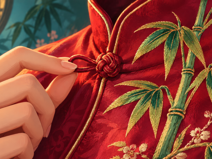 Illustration for “What can a fastening tell you about a dress?”: illustrated close-up of fictional fabric loop and bamboo embroidery, no replica of the actual garment.