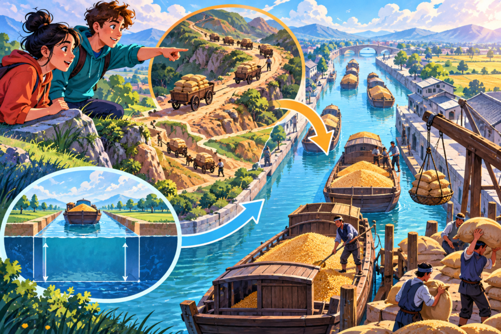Editorial artwork for “Why was a canal bigger than a shortcut?”: grain-supply schematic with waterways and workers, labelled illustrative.