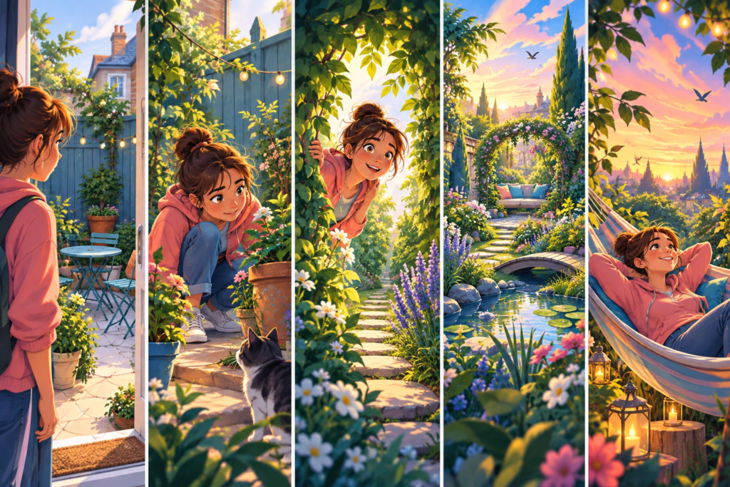 Editorial artwork for “Can a small garden feel huge?”: sequential garden panels.