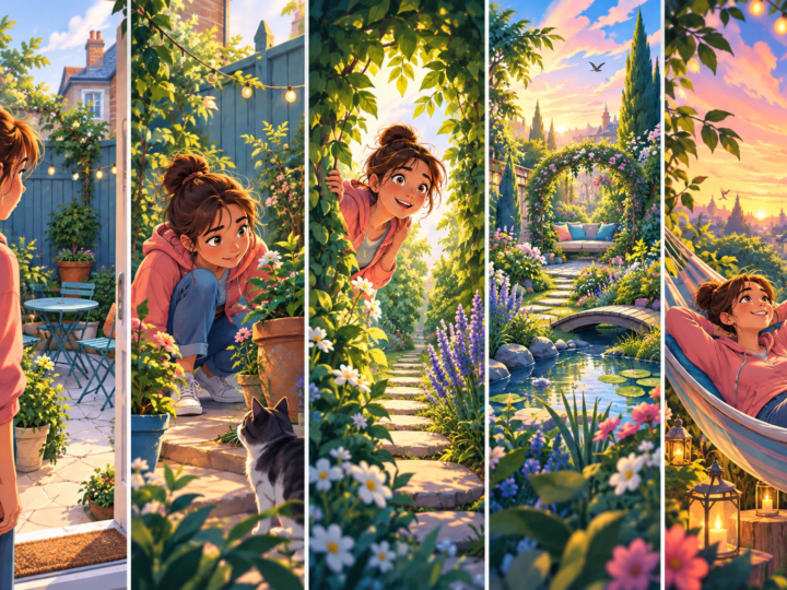 Editorial artwork for “Can a small garden feel huge?”: sequential garden panels.