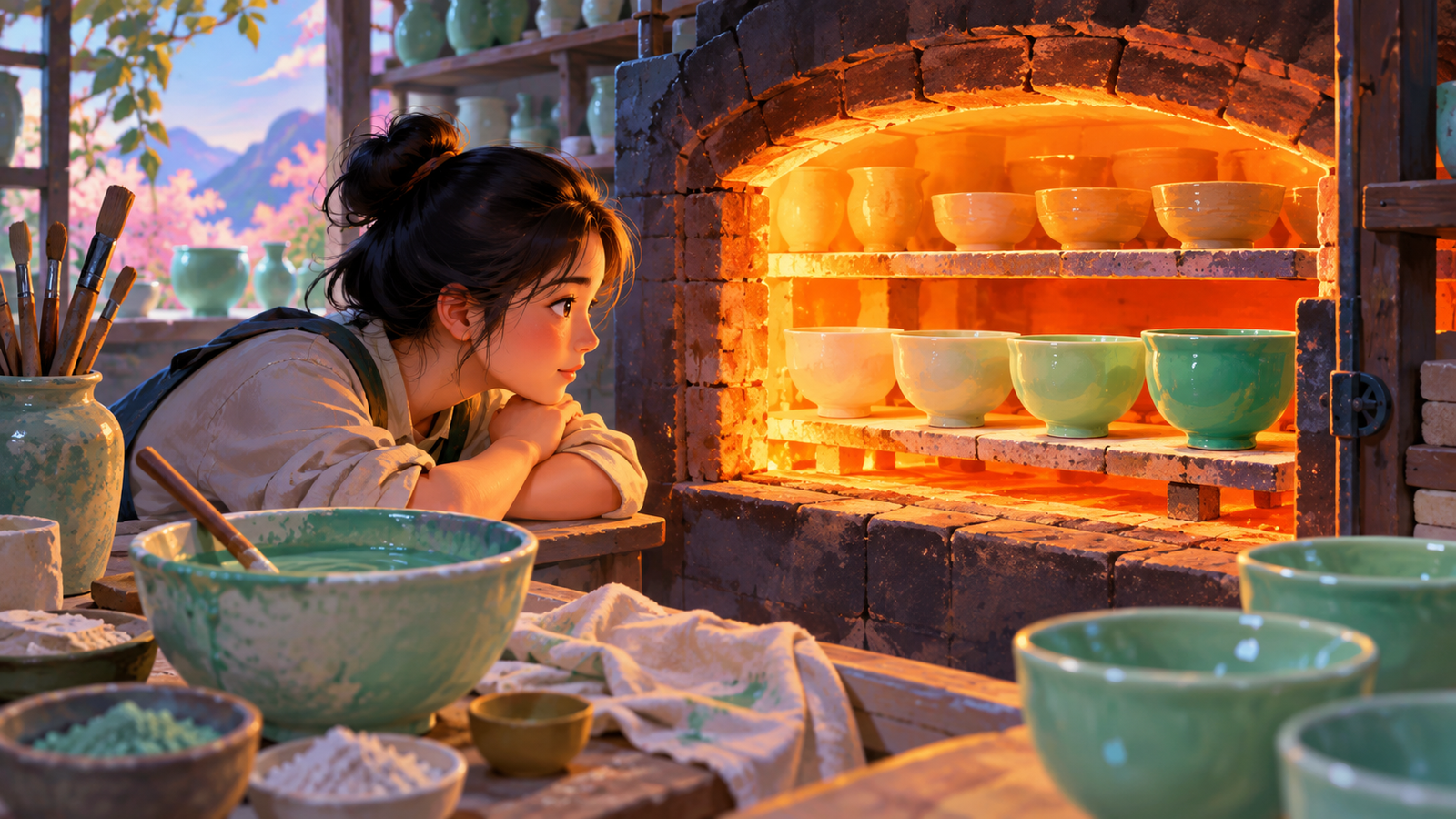 Illustration of ceramic bowls beside a glowing kiln