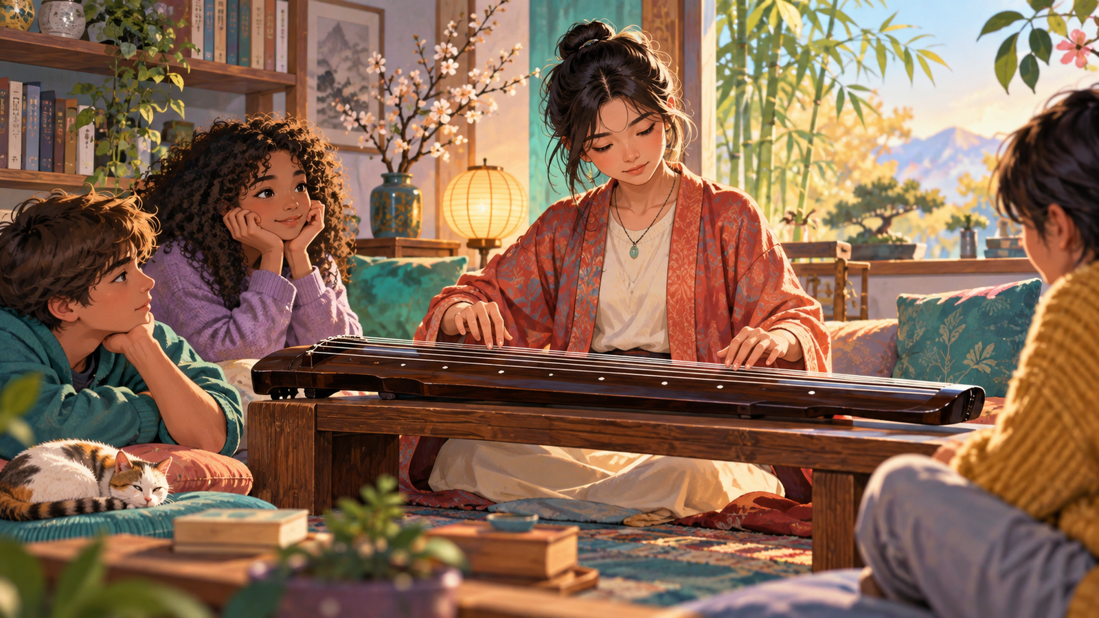 Illustration of a musician playing a guqin