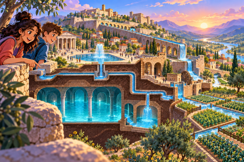 Editorial artwork for “What did an ancient city do with water?”: archaeology cutaway showing city, fields and waterworks.