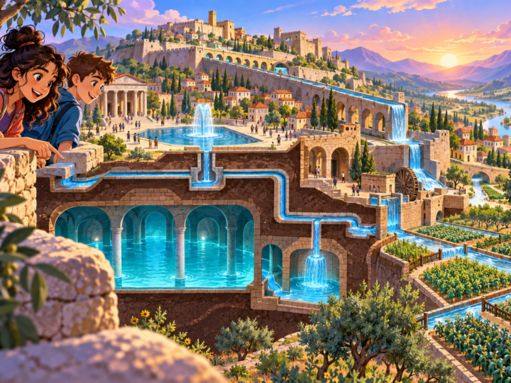 Editorial artwork for “What did an ancient city do with water?”: archaeology cutaway showing city, fields and waterworks.