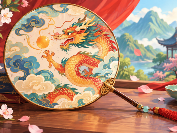 Illustration for “Why put a dragon on a fan?”: original illustrated round fan with an invented cloud-and-dragon design, no replica of the Met object.