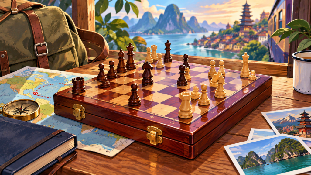 Illustration for “Could a chessboard be a travel object?”: illustrated lacquered wooden board on a table with generic pieces.