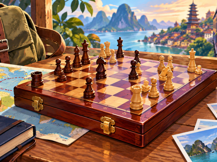 Illustration for “Could a chessboard be a travel object?”: illustrated lacquered wooden board on a table with generic pieces.