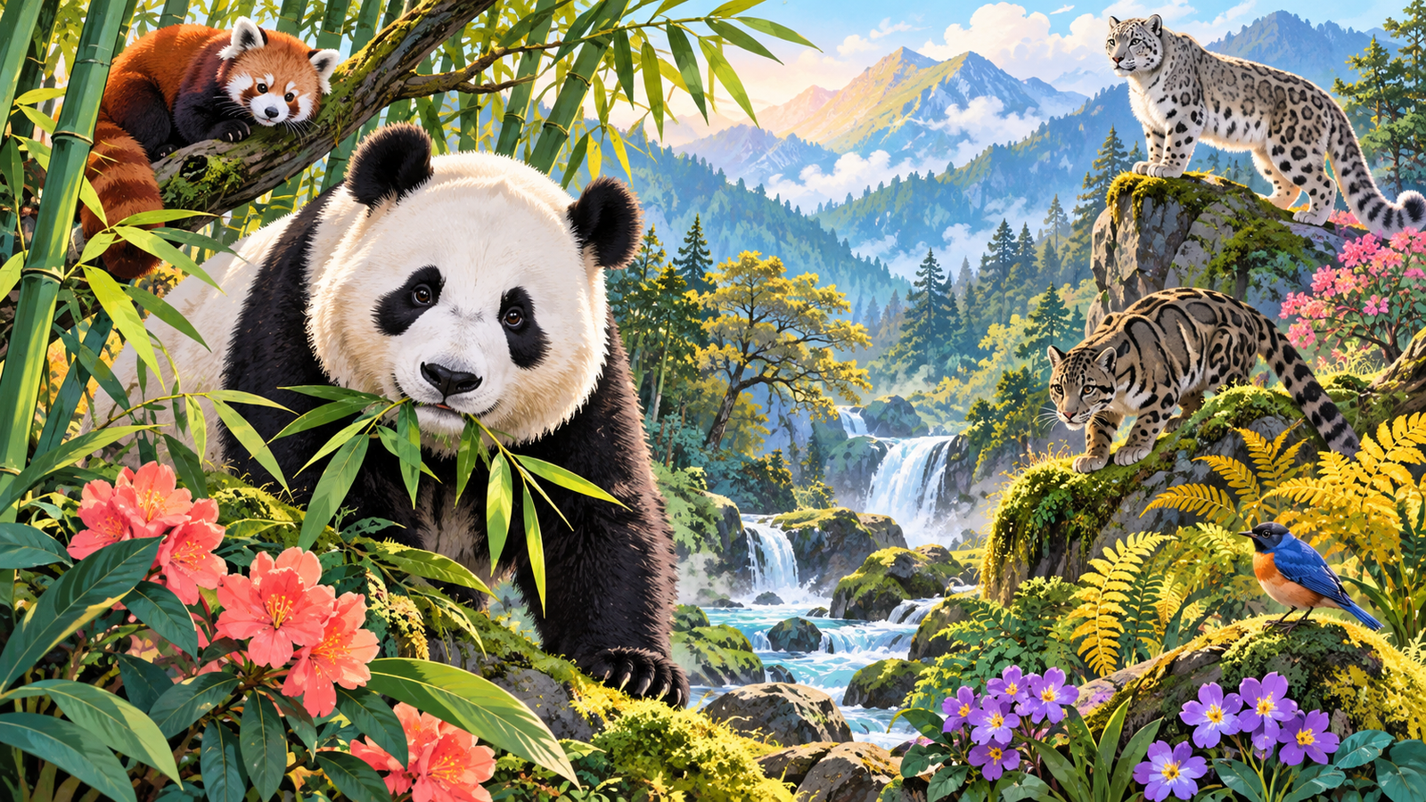 Illustration of wildlife in a forest where pandas live