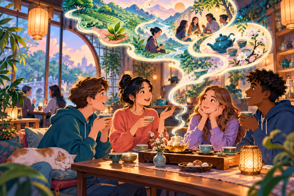 Editorial artwork for “Why is a teahouse more than a café?”: contemporary teahouse illustration.