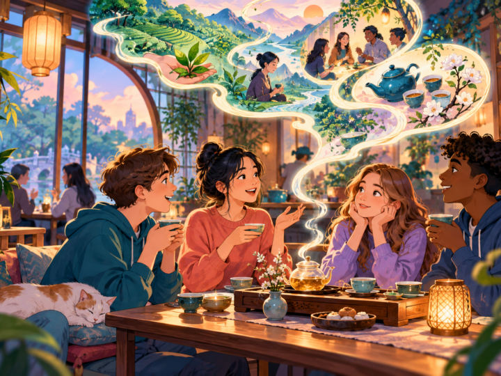 Editorial artwork for “Why is a teahouse more than a café?”: contemporary teahouse illustration.