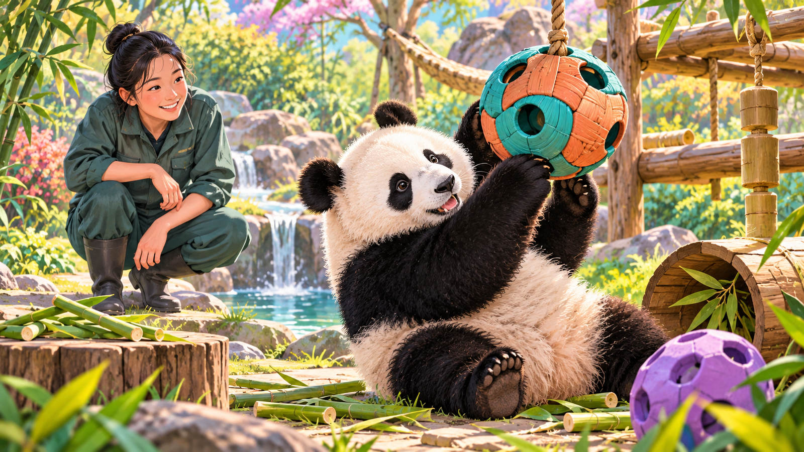 Illustration of a keeper preparing an enrichment toy for a panda