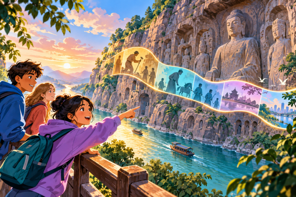 Editorial artwork for “What do the statues at Longmen tell us?”: cliff-and-timeline illustration.