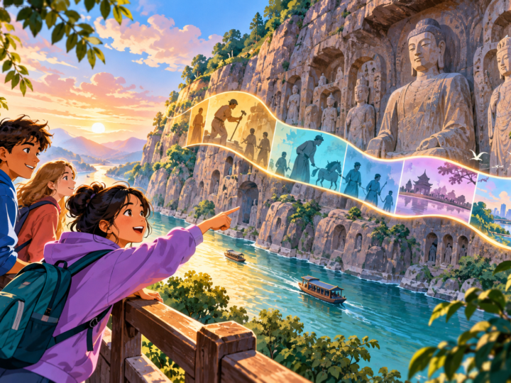 Editorial artwork for “What do the statues at Longmen tell us?”: cliff-and-timeline illustration.