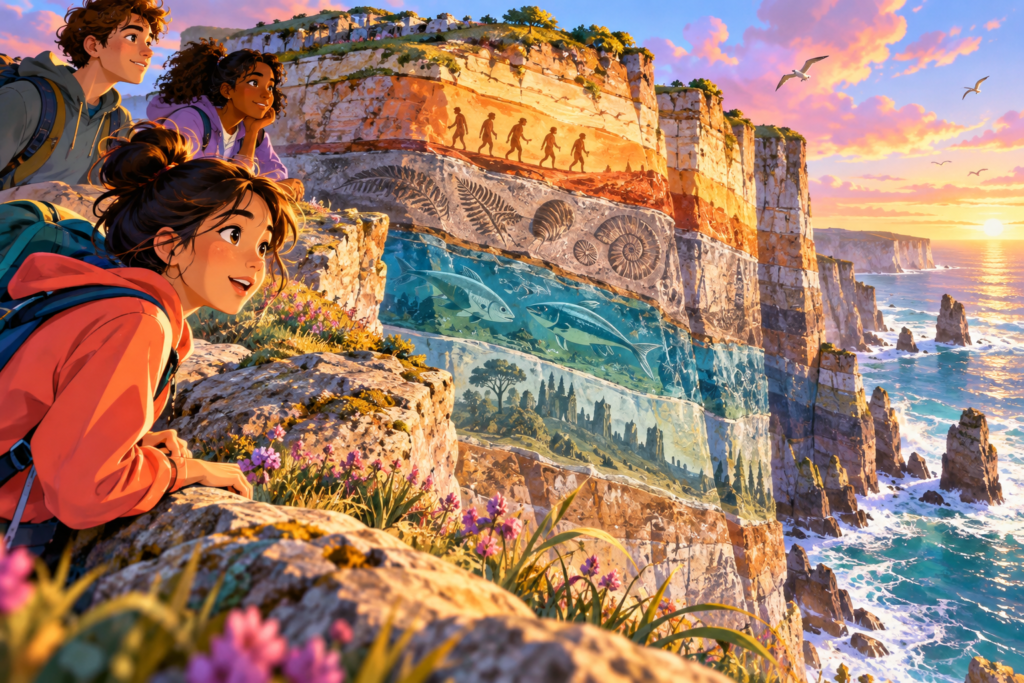 Editorial artwork for “Can a cliff tell several stories?”: respectful visitor-and-cliff composition.