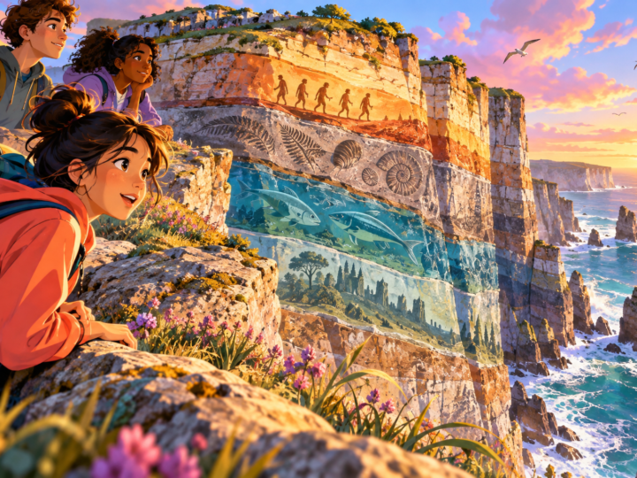 Editorial artwork for “Can a cliff tell several stories?”: respectful visitor-and-cliff composition.