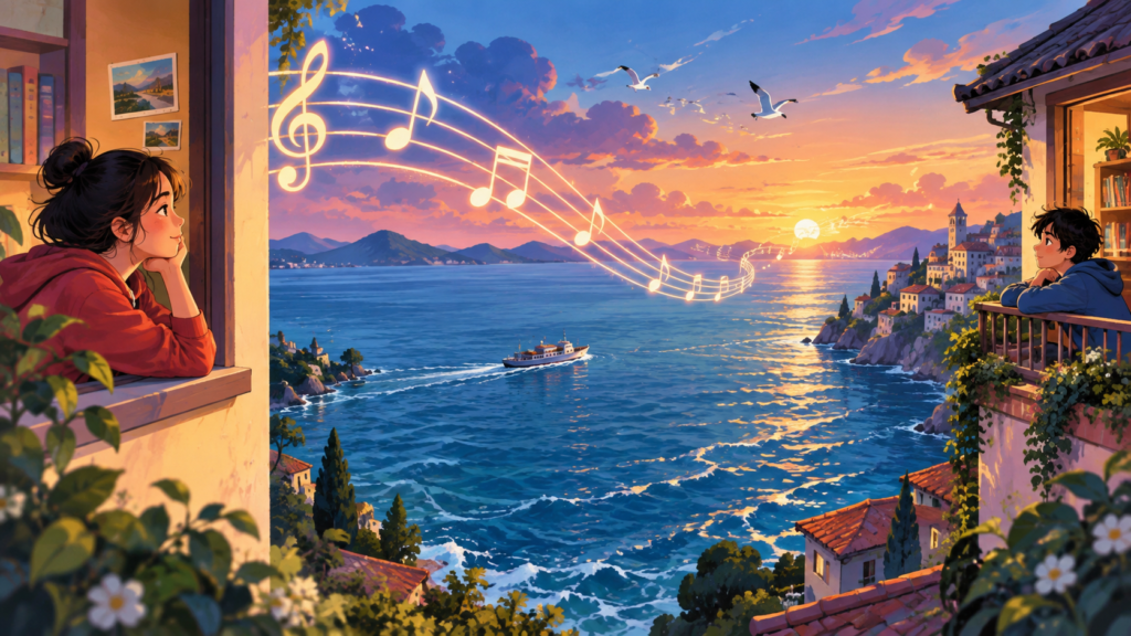 Illustration for “Can a tune remember a place far from home?”: stylised music lines crossing sea between generic homes, no specific community portrait.