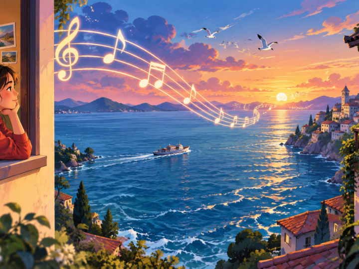 Illustration for “Can a tune remember a place far from home?”: stylised music lines crossing sea between generic homes, no specific community portrait.