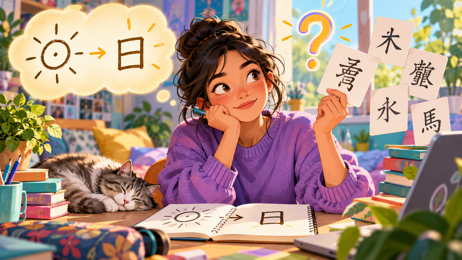 Illustration of a learner studying Chinese characters in a notebook